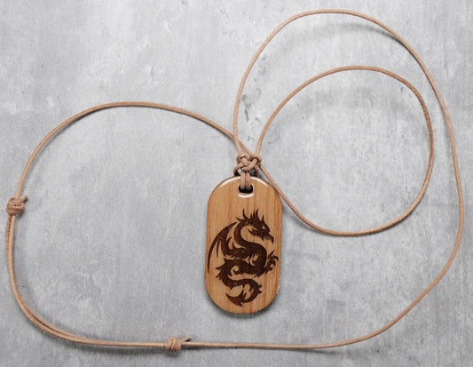 Dragon Wood Dog tag Style Necklace with Adjustable Cord