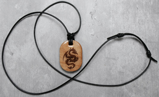 Short Dragon Wood Dog Tag Style Necklace with Adjustable Cord