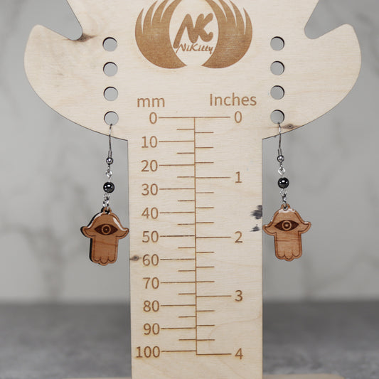 Evil Eye Hamsa Blessing Wood Earrings with Hematite Bead