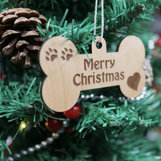 Dog Bone Merry Christmas Wood Ornament