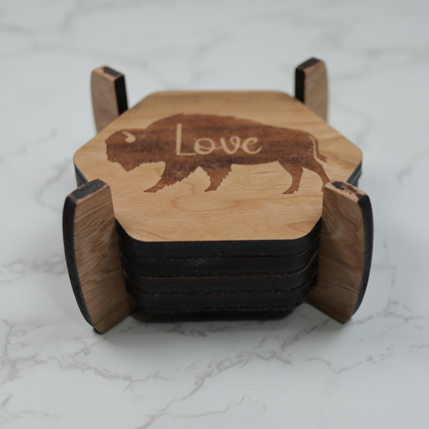 Personalize Bison Wood Coaster Set with Holder