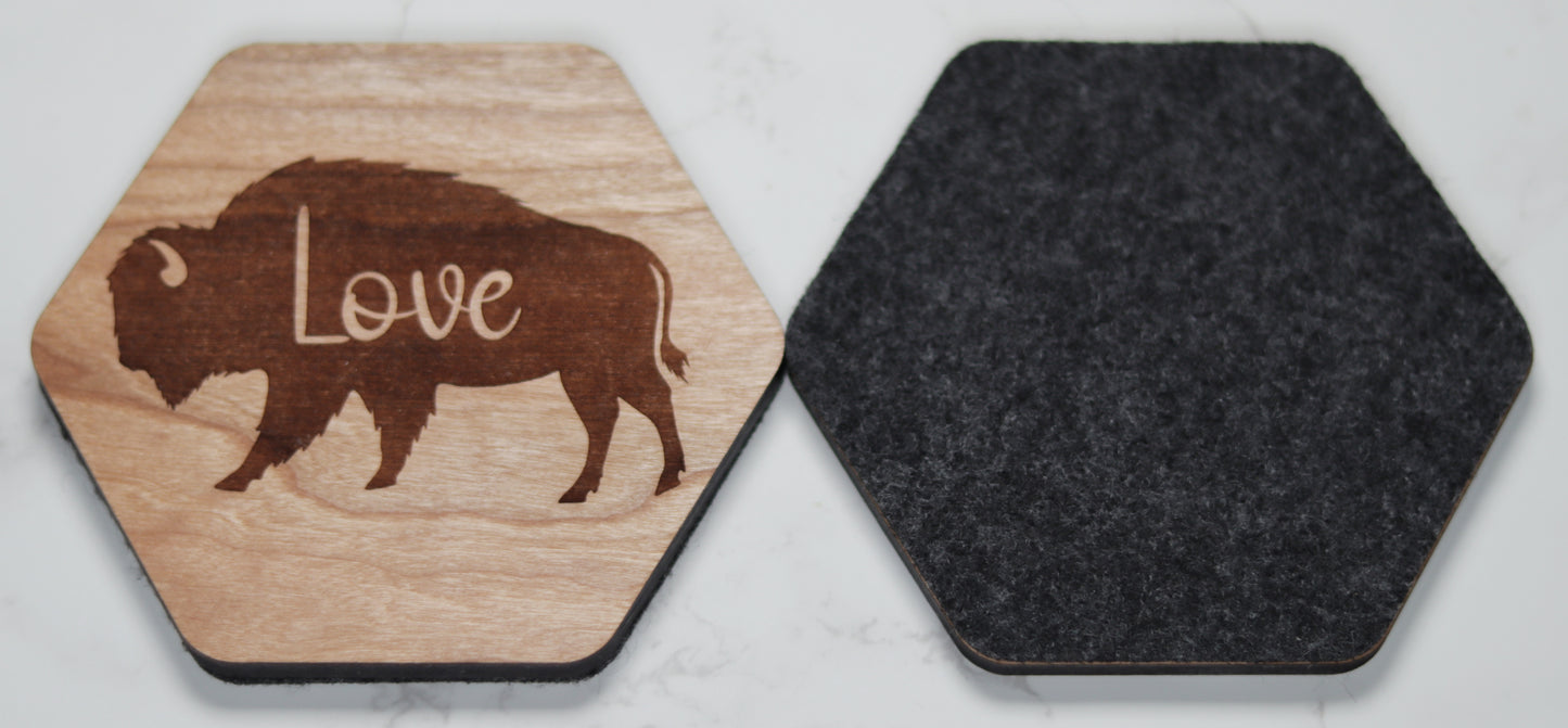 Personalize Bison Wood Coaster Set with Holder
