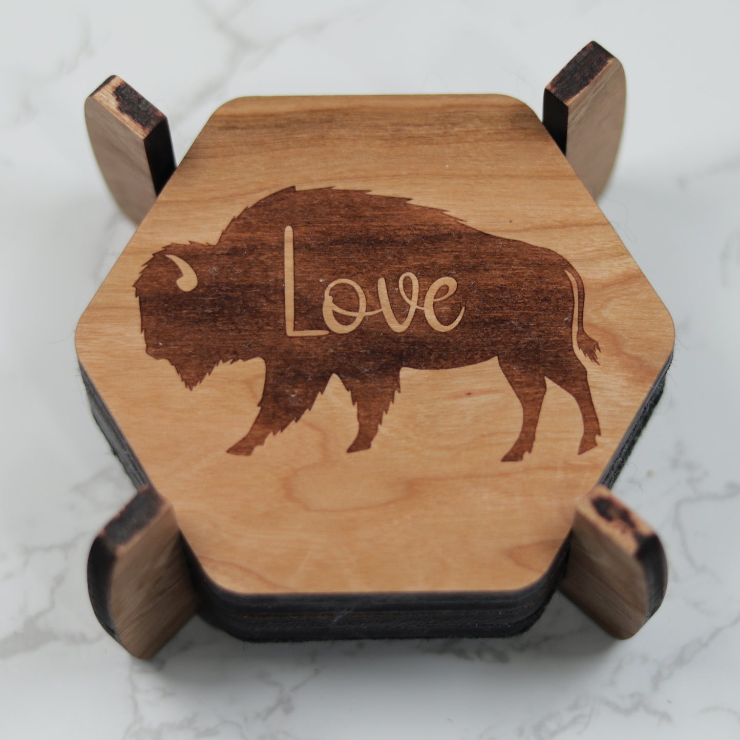 Personalize Bison Wood Coaster Set with Holder