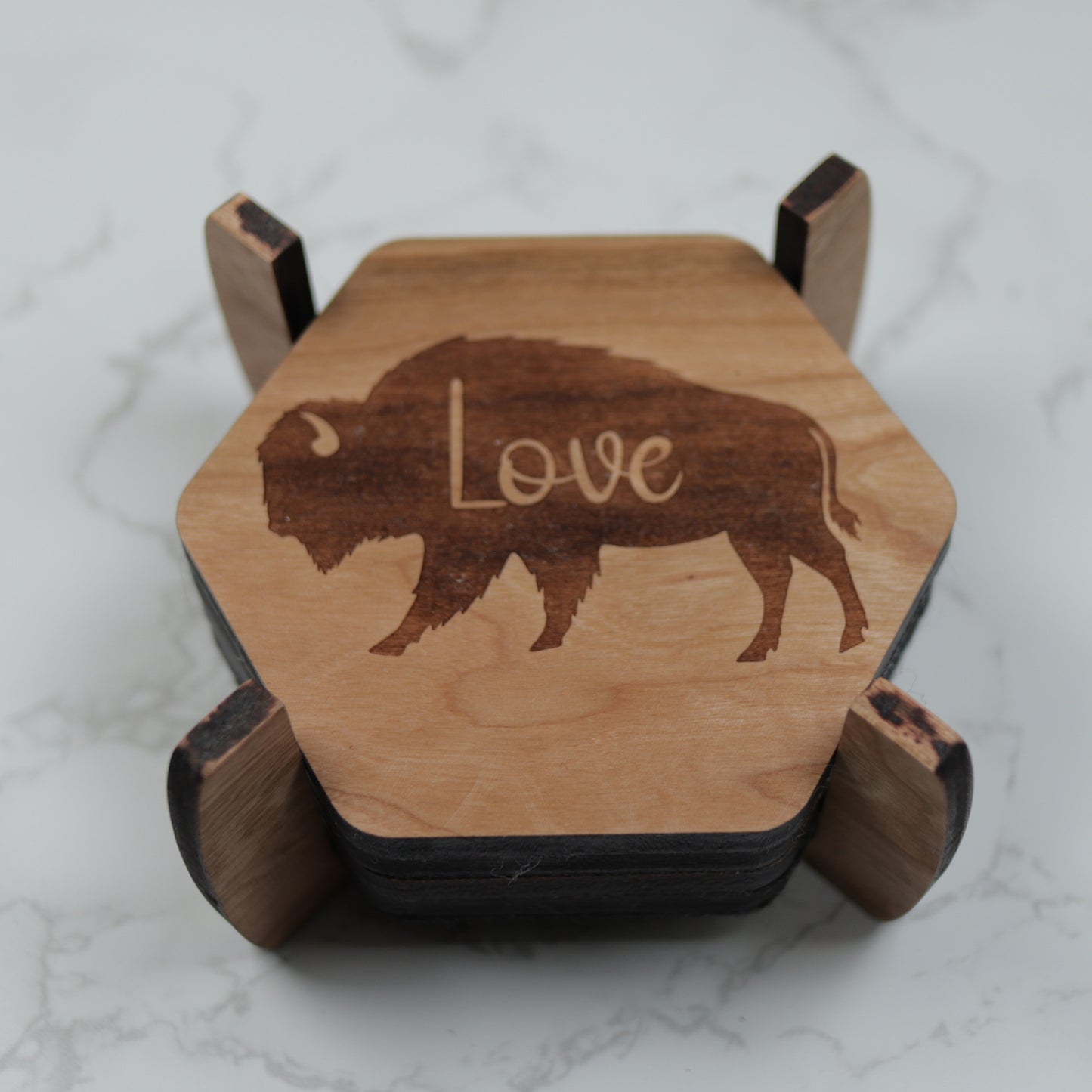 Personalize Bison Wood Coaster Set with Holder