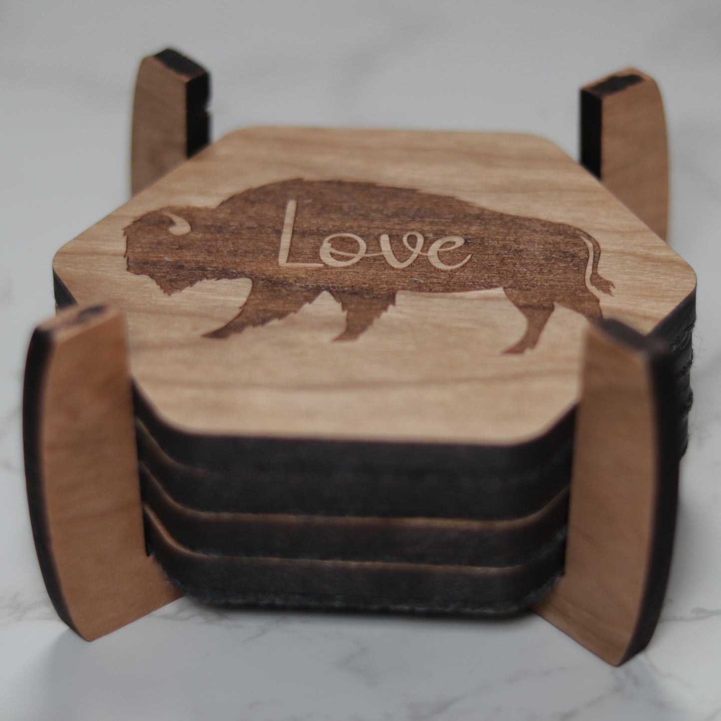 Personalize Bison Wood Coaster Set with Holder