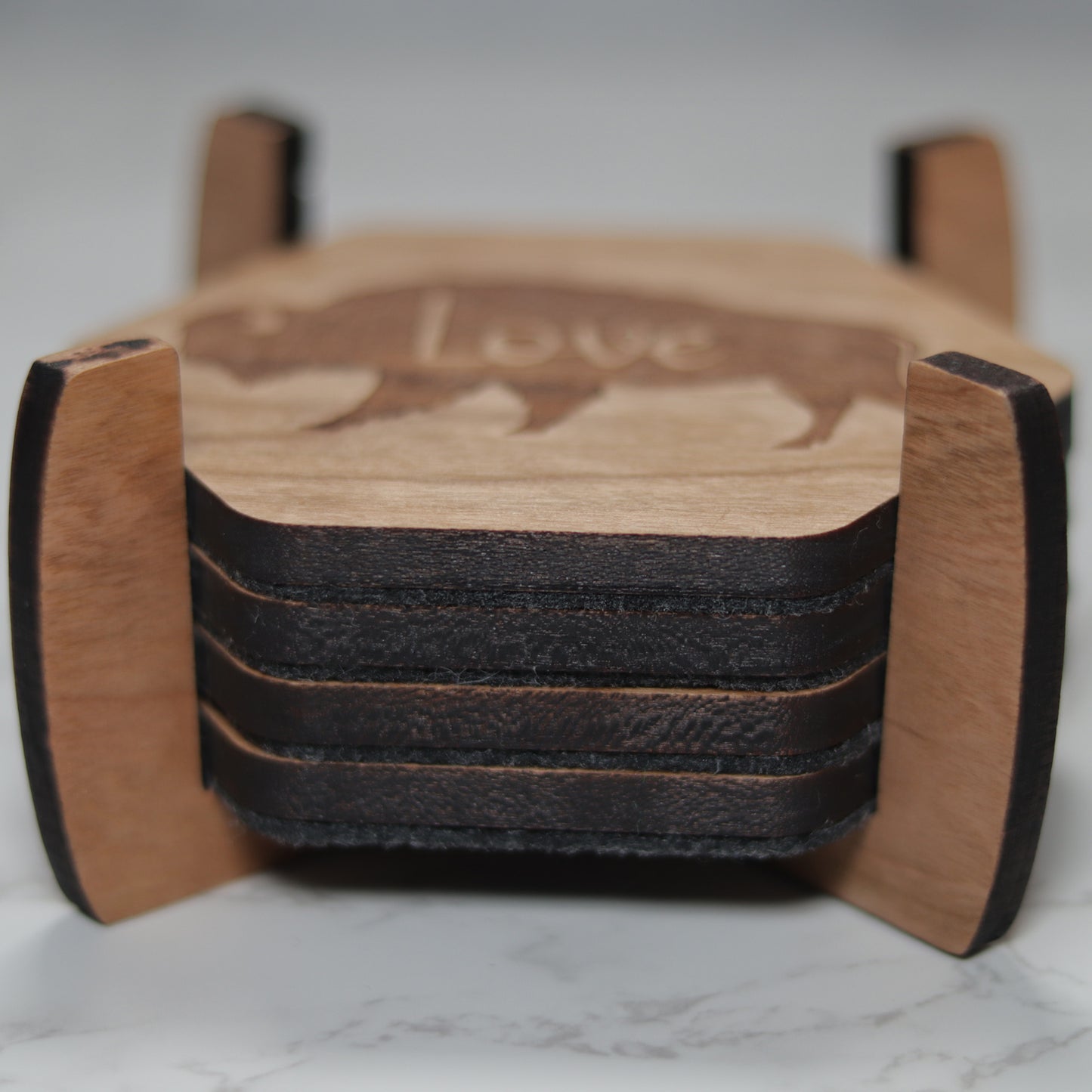 Personalize Bison Wood Coaster Set with Holder