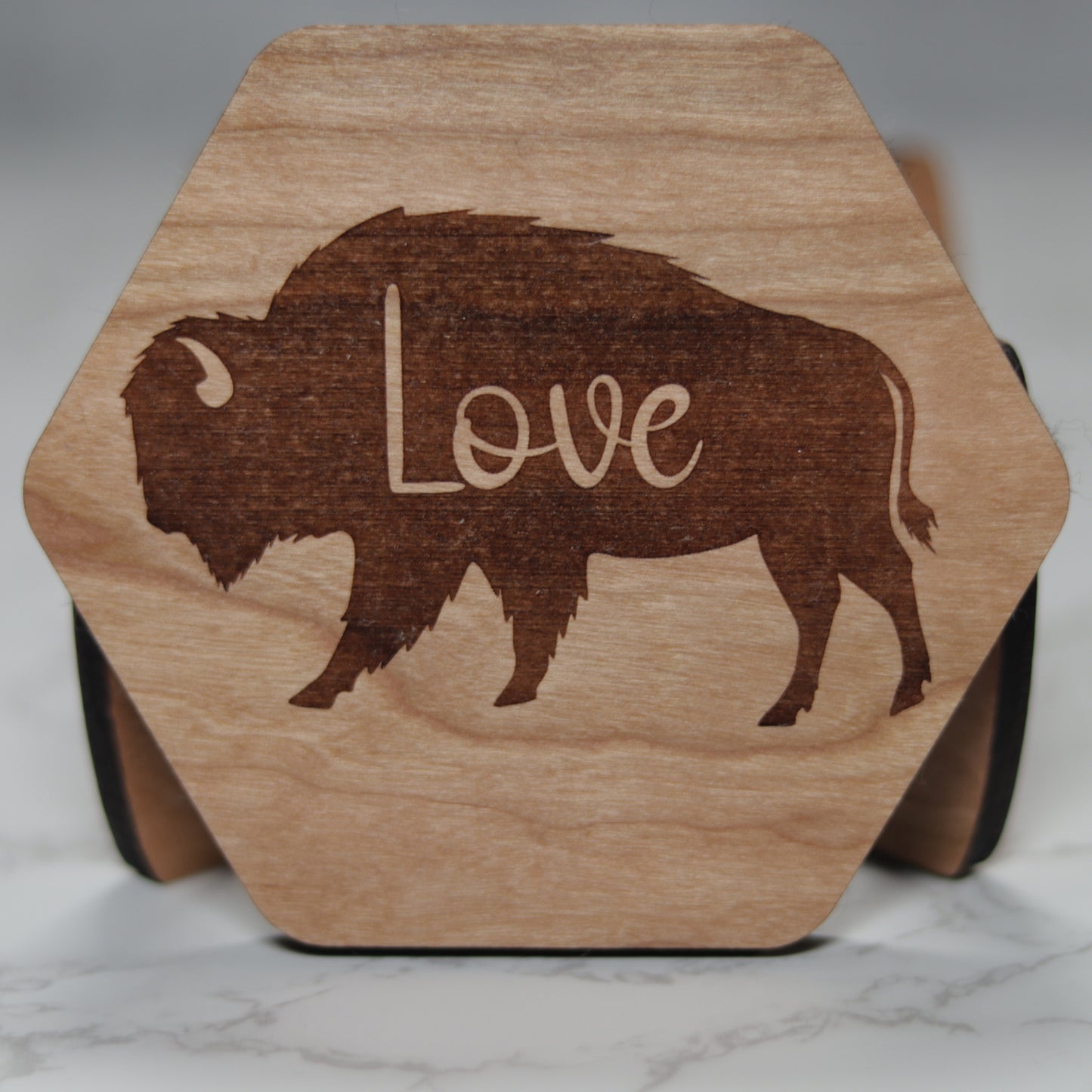 Personalize Bison Wood Coaster Set with Holder