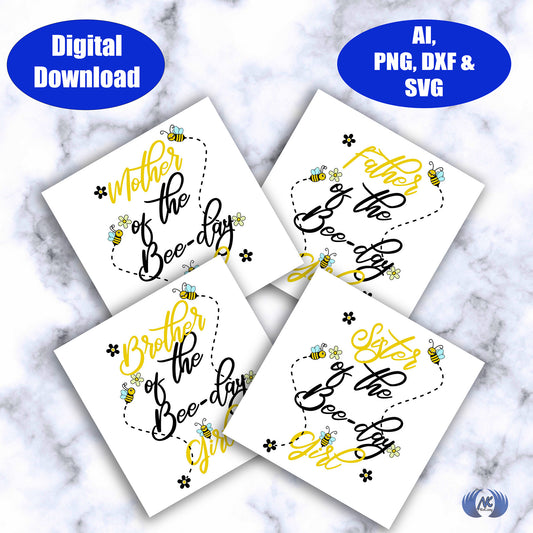 Beeday Girl Bee Birthday Family Design in SVG, DXF, Adobe Illustrator & PNG Format for Digital Download Only