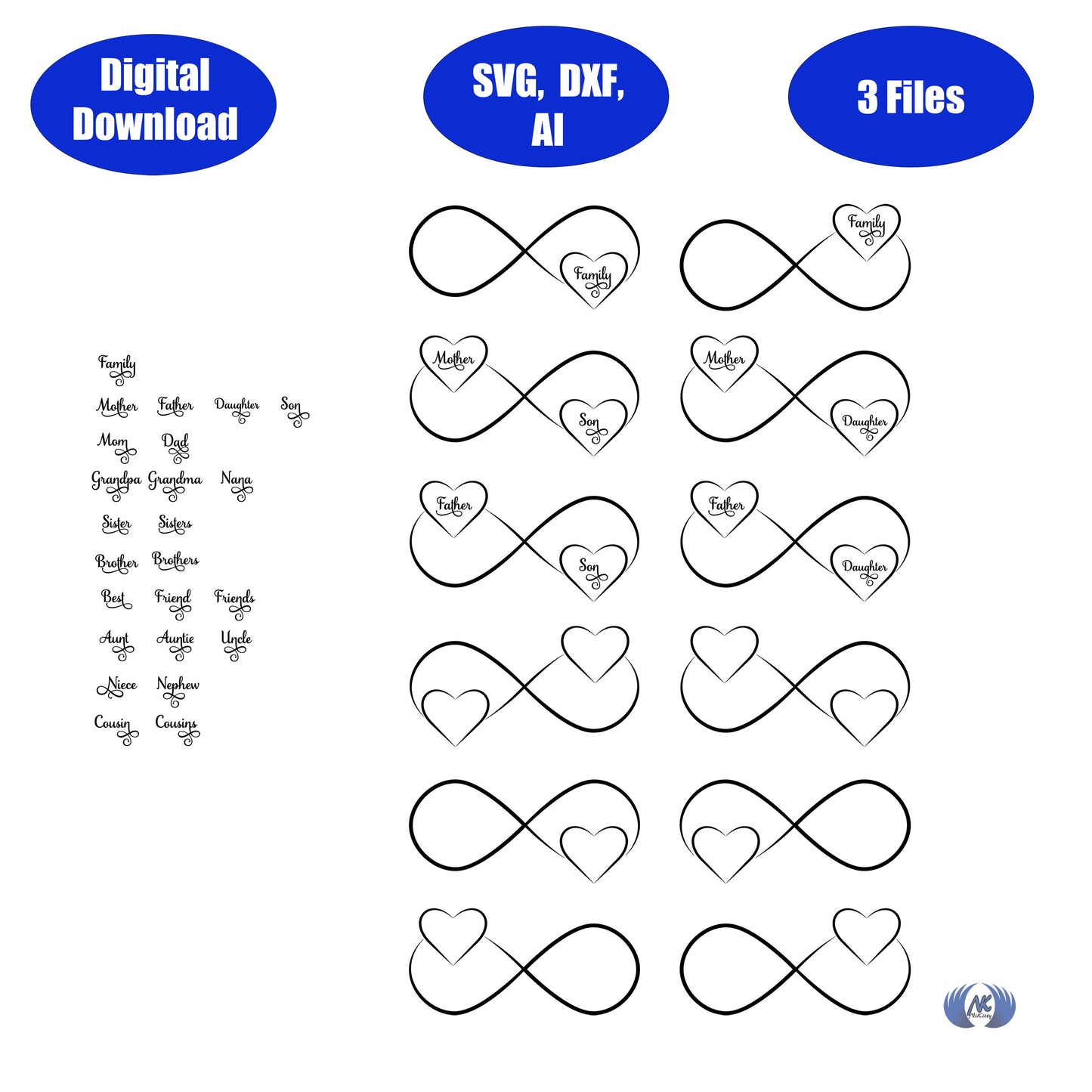Infinity Heart with Text and Blank Spots SVG, DXF, and Adobe Illustrator Digital Download Only